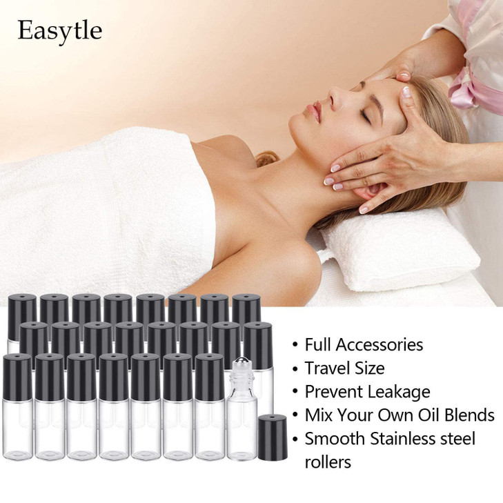 Easytle Essential Oil Roller Bottles 24 Pack 5ml Clear Glass Roller Bottles for Oils 96 Pieces Labels 2 Opener 4 Funnels
