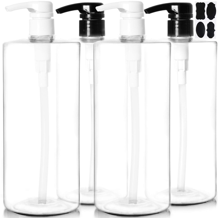 Youngever 4 Pack Pump Bottles for Shampoo 32 Ounce 1 Liter Empty Shampoo Pump Bottles Plastic Cylinder with LockdownLeak