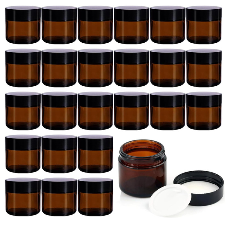 BPFY 24 Pack 2 oz Round Amber Glass Cosmetic Jars with Inner Liners and Black Lids Travel Jars Refillable Containers for