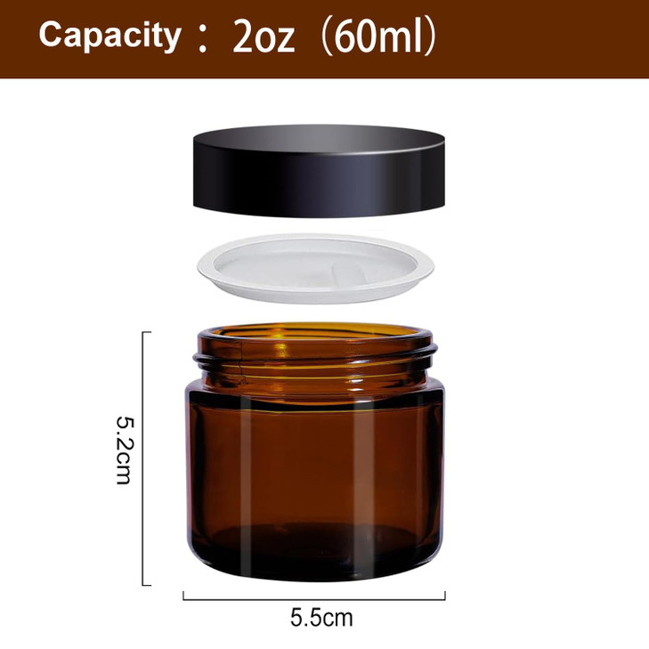 BPFY 24 Pack 2 oz Round Amber Glass Cosmetic Jars with Inner Liners and Black Lids Travel Jars Refillable Containers for