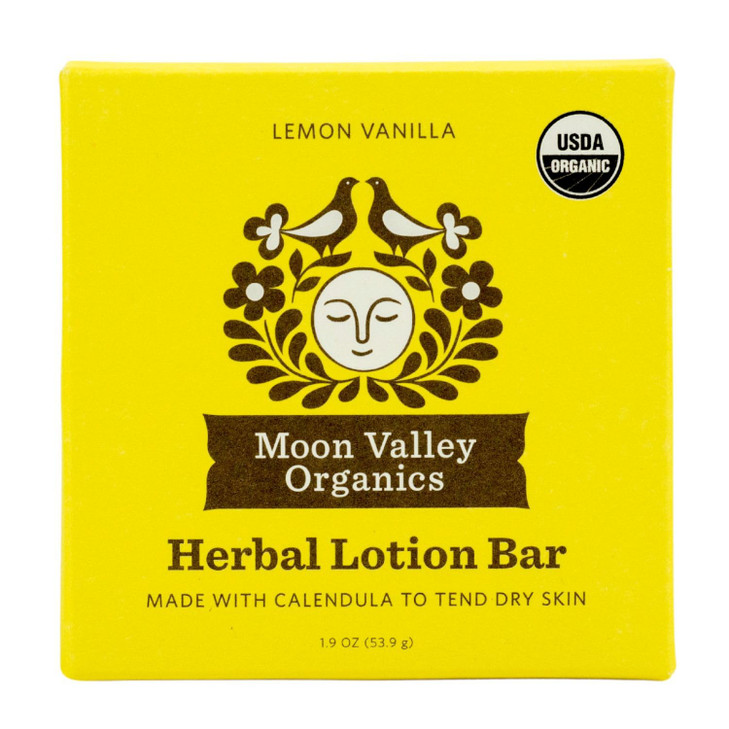 Moon Valley Organics Herbal Lotion Bar in Lemon Vanilla Moon Melt Bar Calendula and Comfrey Beeswax Heal and Restore Cha