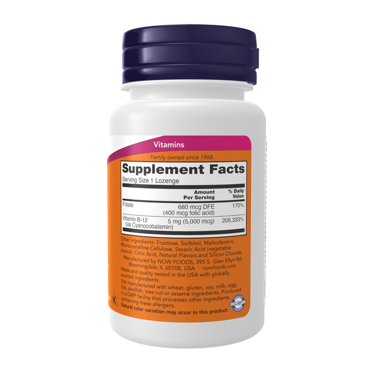 NOW Foods Supplements, Vitamin B-12 5,000 mcg, With Folic Acid, Nervous System Health*, 60 Lozenges online at globaldelivered