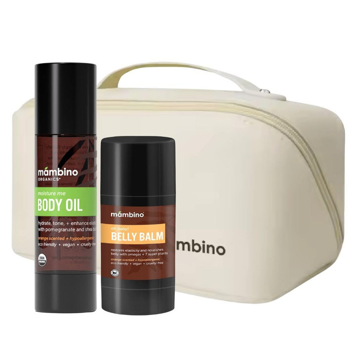 Mambino Organics Maternity Gift Set Moisture Me Body Oil Oh Baby Belly Balm AntiStretch Duo Kit with Free Bag