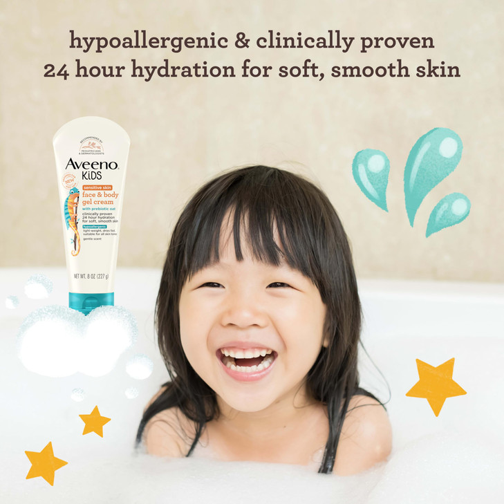 Aveeno Sensitive Skin Face Body Gel Cream for Kids with Prebiotic Oat Clinically Proven 24 Hour Hydration for Soft Skin