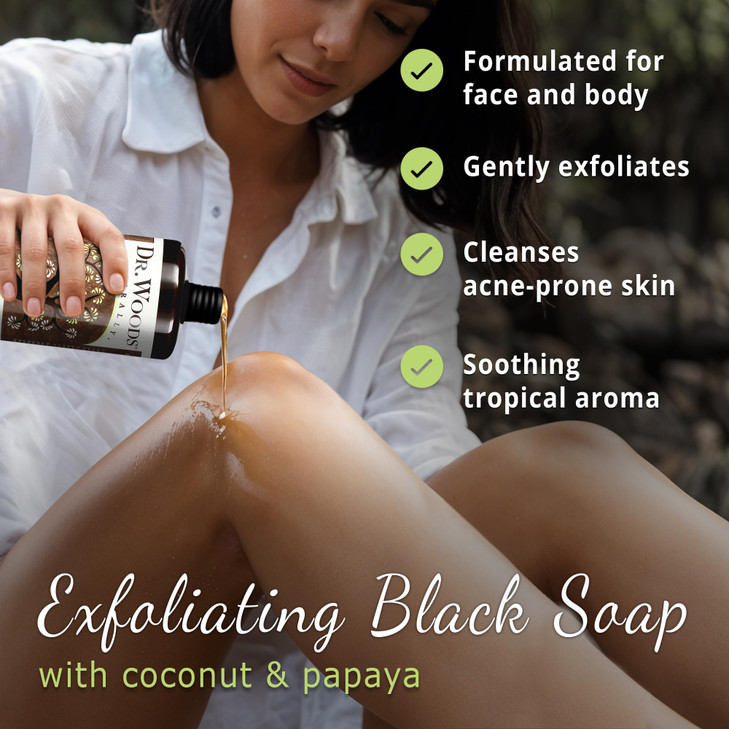 Dr Woods Raw African Liquid Coconut Papaya Black Soap Body Wash for Men Women Organic Shea Butter Gentle Exfoliant Cocon