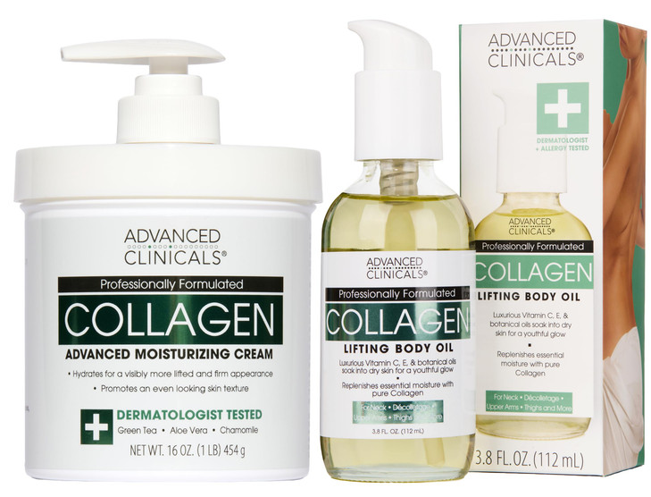 Advanced Clinicals Collagen Body Oil Unscented Collagen Cream Body Lotion Face Cream 2PC Beauty Skin Care Set For Women