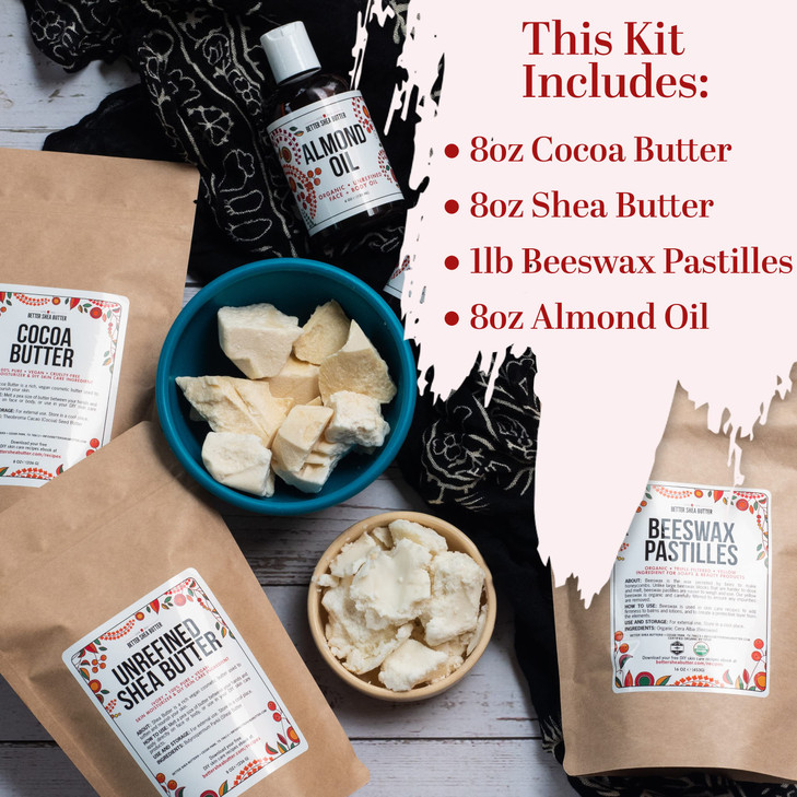 Body Butter Making Kit with Unrefined Shea Butter Raw Cocoa Butter Organic Beeswax Organic Almond Oil Instructions inclu