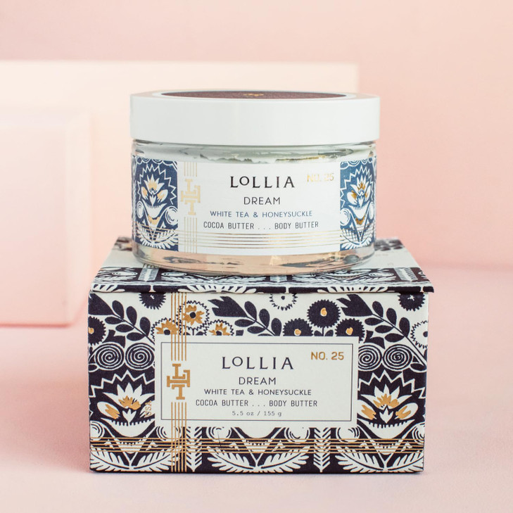LOLLIA Dream Body Butter 55 oz White Tea Honeysuckle Scented Balm for Women Moisturizing Thick Shea Cocoa Butter Lotion