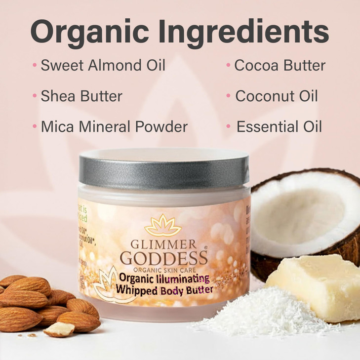 GLIMMER GODDESS Shimmer Body Butter with Organic Whipped Shea Butter for Hydration Moisturizing Silky Natural Glow Gold