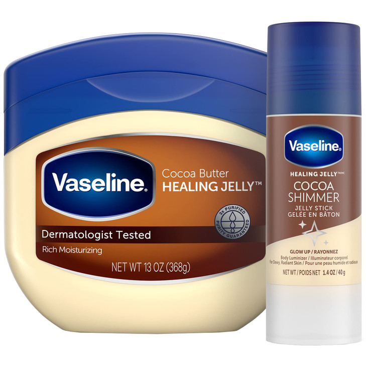 Vaseline Rich Moisturizing Healing Jelly Cocoa Butter 13 oz Bundled with Cocoa Shimmer Stick 14 oz Provides Radiant and