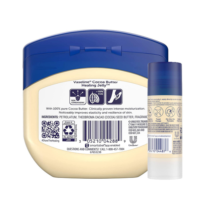 Vaseline Rich Moisturizing Healing Jelly Cocoa Butter 13 oz Bundled with Cocoa Shimmer Stick 14 oz Provides Radiant and
