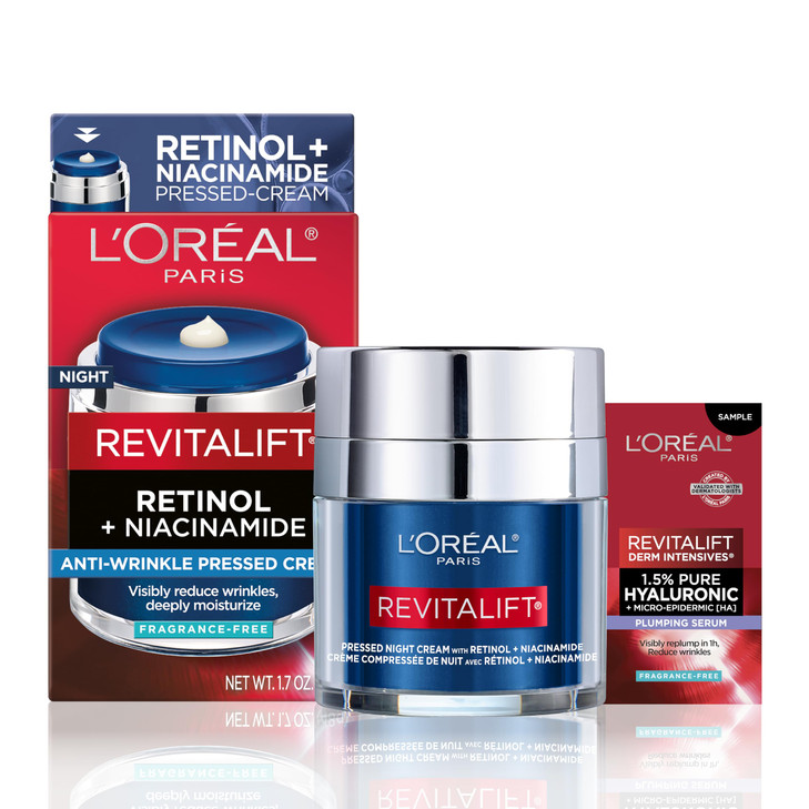 LOreal Paris Revitalift Pressed Night Cream Retinol Niacinamide Reduces Wrinkles Fragrance Free 17 oz Serum Sample
