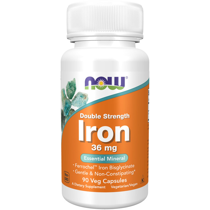 NOW Supplements, Iron 36 mg, Double Strength, Non-Constipating*, Essential Mineral, 90 Veg Capsules