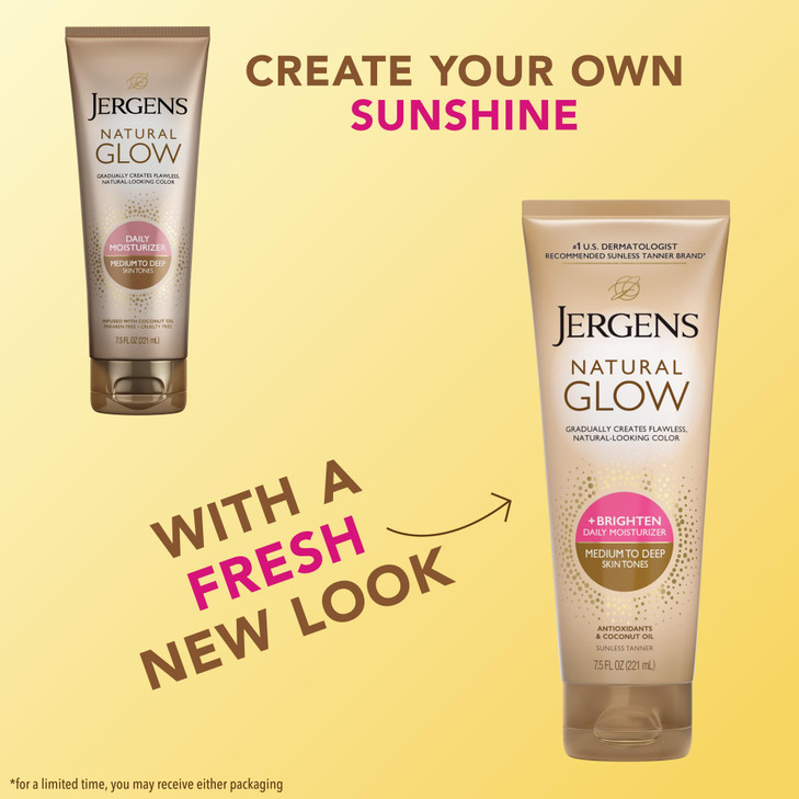 Jergens Natural Glow Self Tanner Body Lotion Sunless Tanning Medium to Deep Skin Tone Daily Moisturizer with Coconut Oil