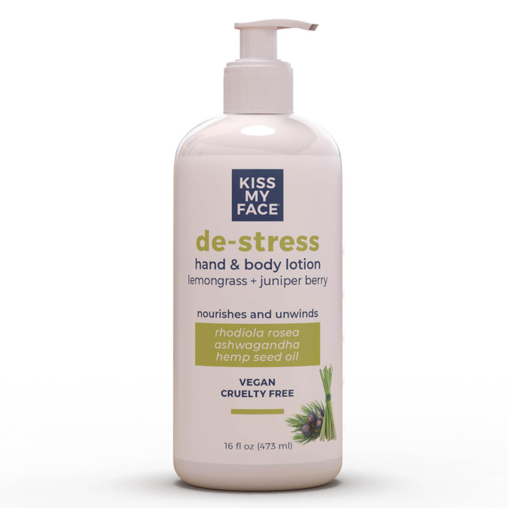 Kiss My Face DeStress Hand Body Lotion Lemongrass Juniper Berry Soothing Rhodiola Rosea With Hemp Seed Oil Ashwagandha V