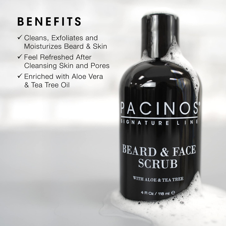 Pacinos Shave System Beard and Face Scrub Mens Skin Care Best Organic Natural Shampoo Aloe Vera and Tea Tree Extract Rem
