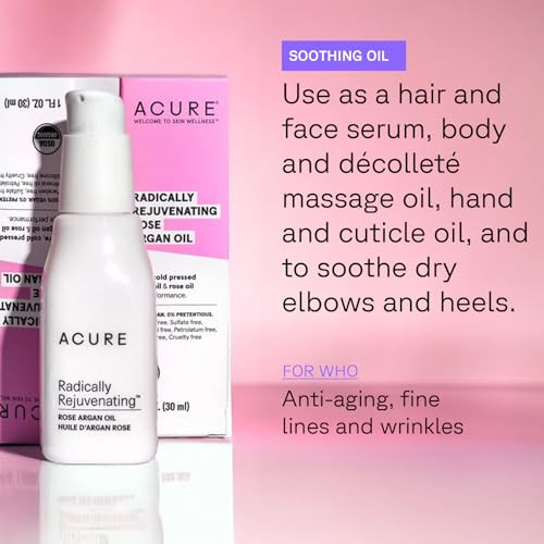 ACURE Radically Rejuvenating Rose Argan Oil Face Hair Body Oil Serum Rich in Vitamin E Lightweight NonGreasy Vegan 1 Fl