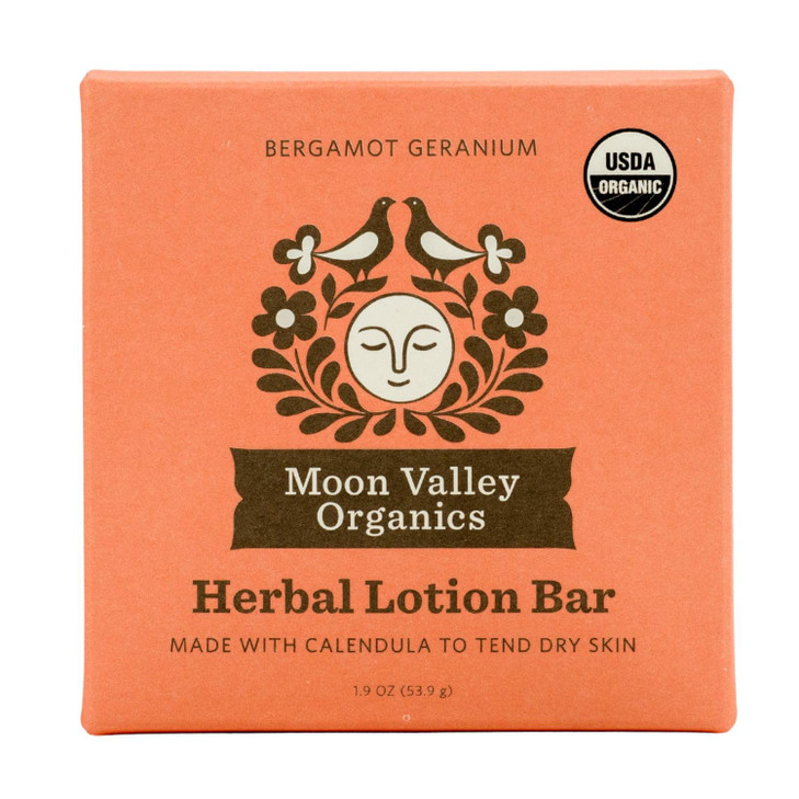 Moon Valley Organics Herbal Lotion Bar in Bergamot Geranium Moon Melt Bar Calendula and Comfrey Beeswax Heal and Restore