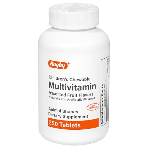 Rugby Childrens Chewable Multivitamin Tablets - Dietary Supplement - Assorted Fruit Flavors - Animal Shapes - 250 Count (1 Pack)
