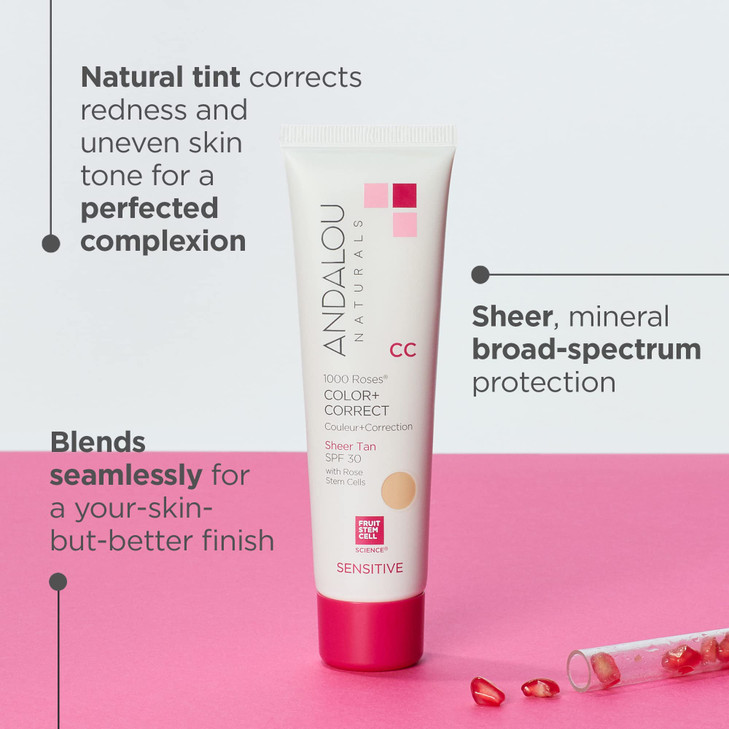 Andalou Naturals 1000 Roses CC Color Correct with SPF 30 Sheer Tan 2in1 Face Sunscreen CC Cream for Sensitive Skin Helps