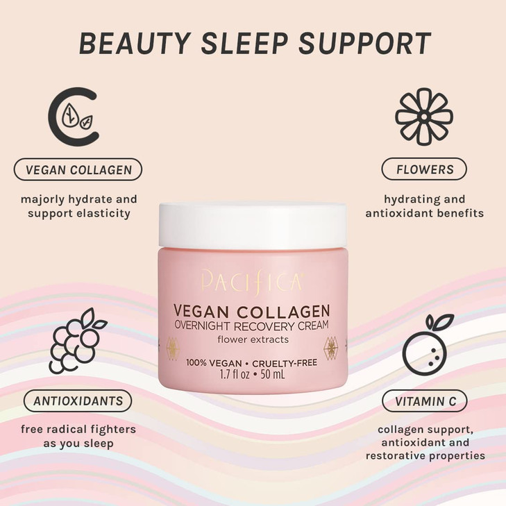 Pacifica Night Face Cream Vegan Collagen Overnight Recovery Cream Nighttime Face Cream for AntiAging Wrinkles Improves D