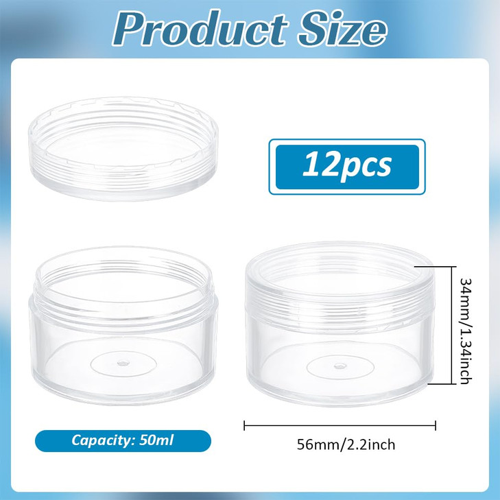 BENECREAT 12 Pack 2.2"x1.33" (50ml) Empty Clear Plastic Bead Storage Container jar with Rounded Screw-Top Lids for Beads, Nail Art, Glitter, Make Up, online at globaldelivered