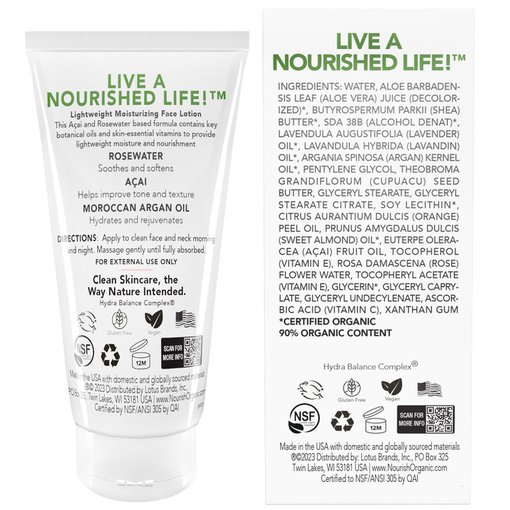 Nourish Organic Face Lotion Rosewater Acai Argan Lightweight Moisturizer for Face with Aloe Vera Shea Butter Vitamin C 1