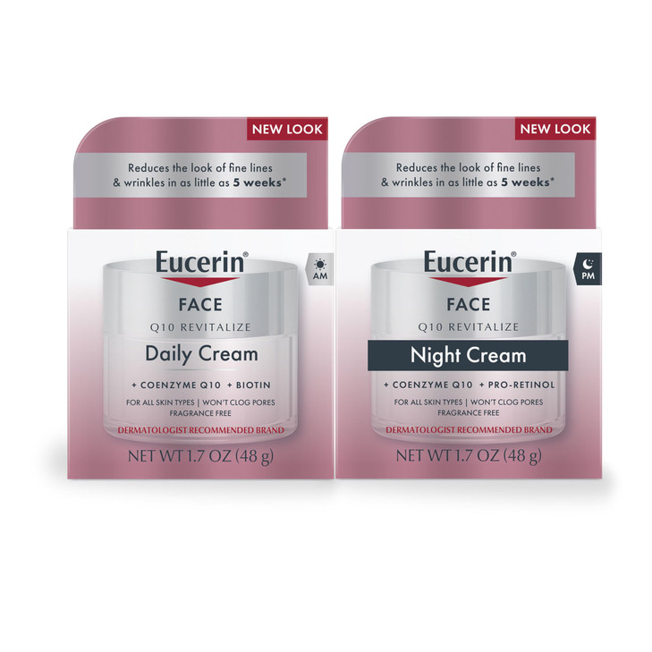 Eucerin Q10 Skin Care Set Anti Wrinkle Daily Face Cream with Biotin 17 Oz Anti Wrinkle Night Cream with ProRetinol 17 Oz