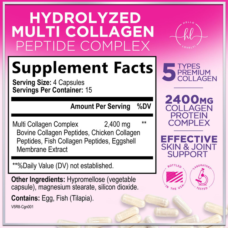 Multi Collagen Supplement 2400 mg - Types I, II, III, V & X Multi Collagen Peptides Pills for Women & Men, Hydrolyzed Collagen Supplements, Hair, Ski