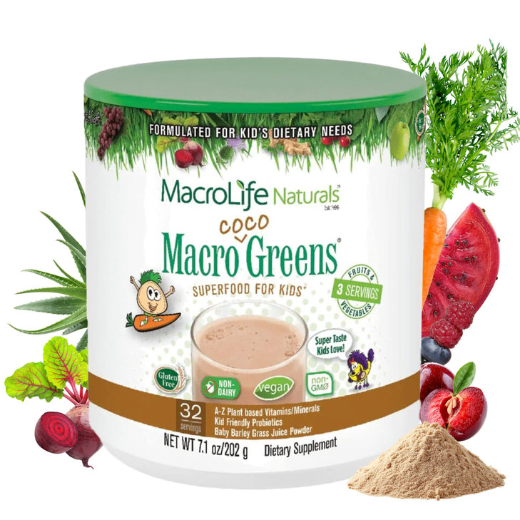 MacroLife Naturals MacroCoco Super Greens Drink Chocolate Powder Superfood for Kids Teens Whole Food Fruit Vegetable Mul