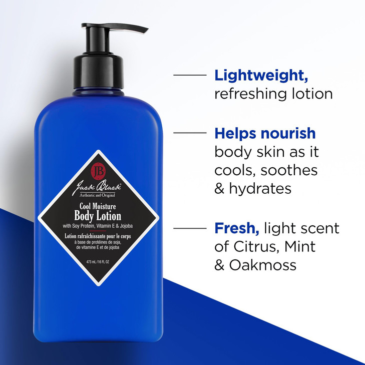 Jack Black Cool Moisture Body Lotion 16 Fl Oz Soy Protein Vitamin E Jojoba Clean Fresh Scent Body Lotion for Dry Skin Bo