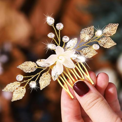 YBSHIN Bridal Flower Leaf Hair Comb Gold Rhinestone Hair Pieces Wedding Hair Accessories for Brides online at globaldelivered