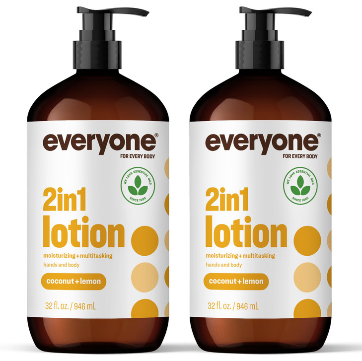 Everyone 2in1 Lotion for HandsBody 32 ounce Pack of 2 Coconut and Lemon made with Essential Oils for Men and Women