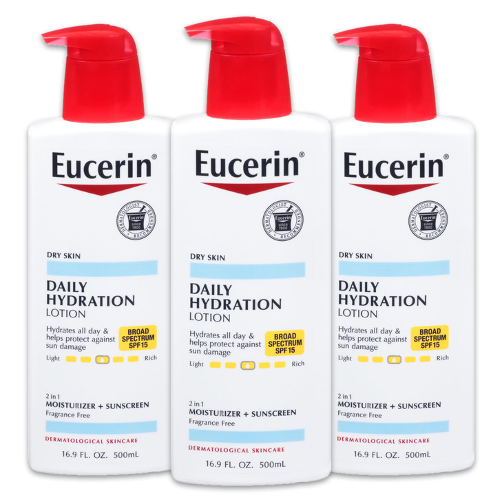 Eucerin Daily Hydration Lotion with SPF 15 Broad Spectrum Body Lotion for Dry Skin 169 fl Oz Pump Bottle Pack of 3