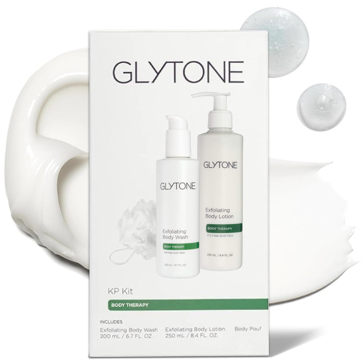 Glytone KP Kit Exfoliating Body Wash Glycolic Acid Lotion Shower Pouf for Keratosis Pilaris Smooth Rough Bumpy Skin Frag