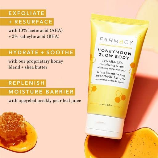 Farmacy Honeymoon Glow Body AHA and BHA Body Serum with Hyaluronic Acid Resurfacing Lactic Acid Body Lotion for Dry Skin