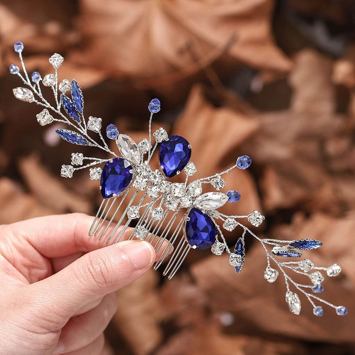 YBSHIN Sapphire Blue Crystal Hair Comb, Sparkling Silver Bridal Wedding Headpiece for Women online at globaldelivered