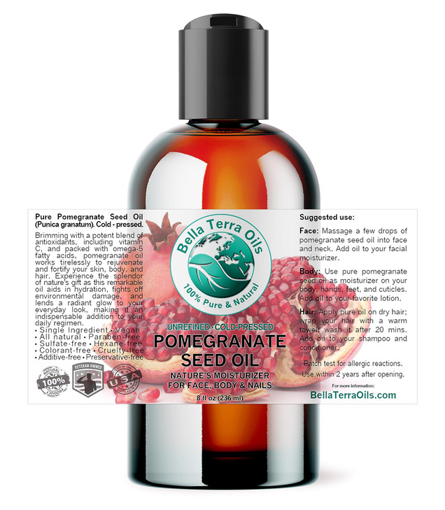 Bella Terra Oils Organic Pomegranate Seed Oil 8 oz Rich in Nutrients for Skin Hydration ColdPressed from Organic Pomegra