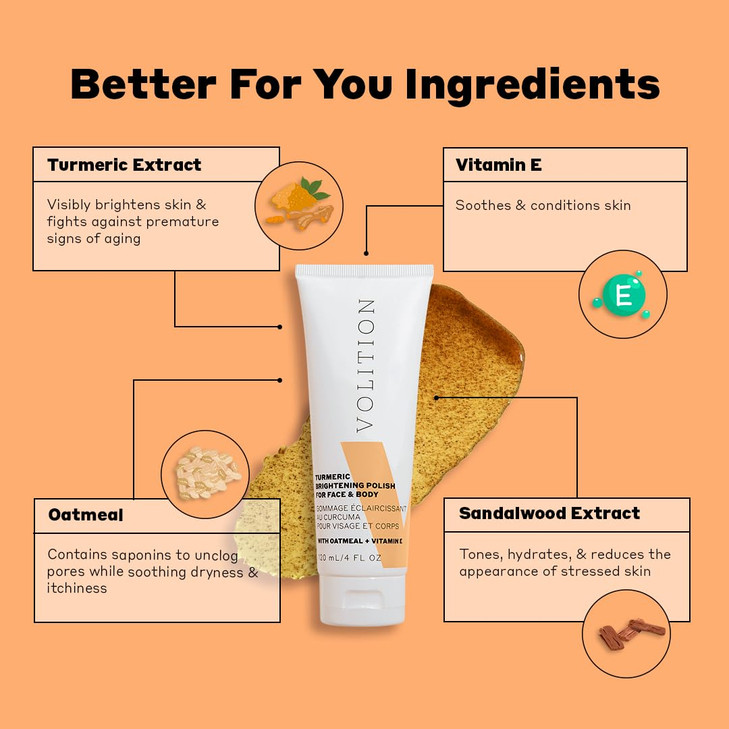 Volition Beauty Turmeric Brightening Polish with Oatmeal Vitamin E Physical Scrub to Exfoliate Face Body Removes Dead Sk