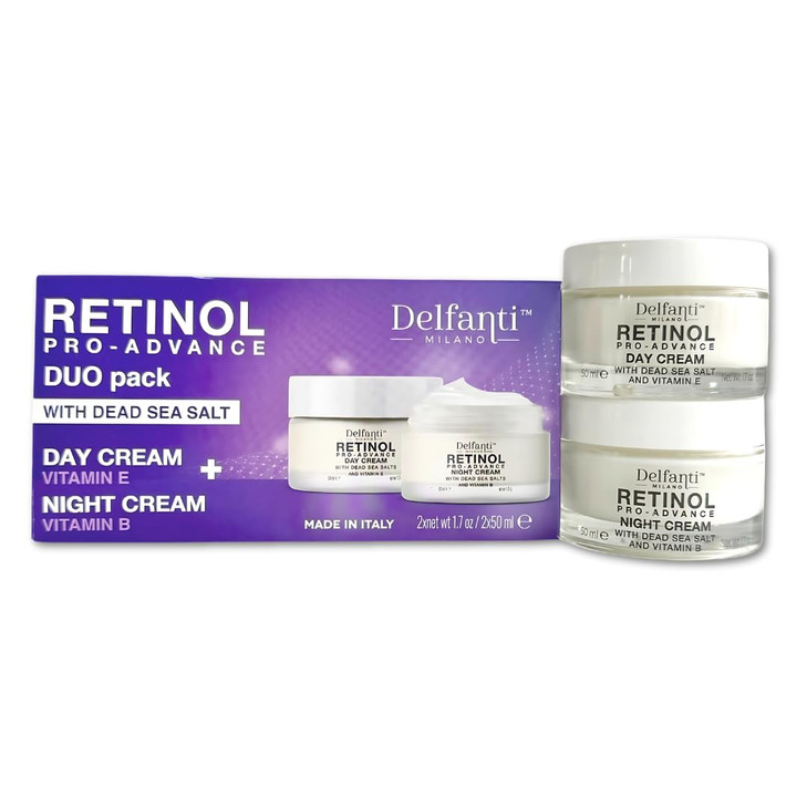 DelfantiMilano RETINOL PROADVANCE AntiAging DUO pack Day Night Creams Face and Neck Moisturizers with Dead Sea Minerals