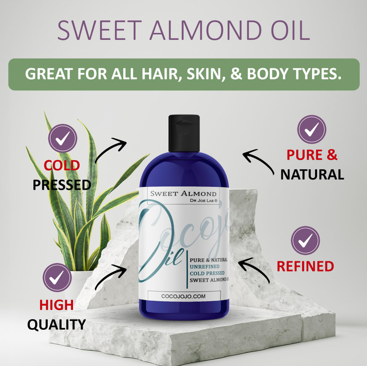 Dr Joe Lab Almond Oil 16 oz Pure Natural Sweet Almond Oil Cold Pressed Unrefined Extra Virgin for Hair Skin Body Nail an