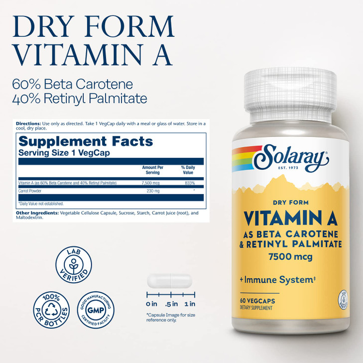 SOLARAY Dry Form Vitamin A - Vitamin A as 60% Beta Carotene and 40% Retinyl Palmitate with Carrot Powder - Eyes, Antioxidant Activity, and Immune Sys online at globaldelivered