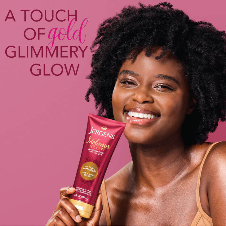 Jergens Hand and Body Lotion Melanin Glow Illuminating Moisturizer with Gold Luminizers 7 Oz