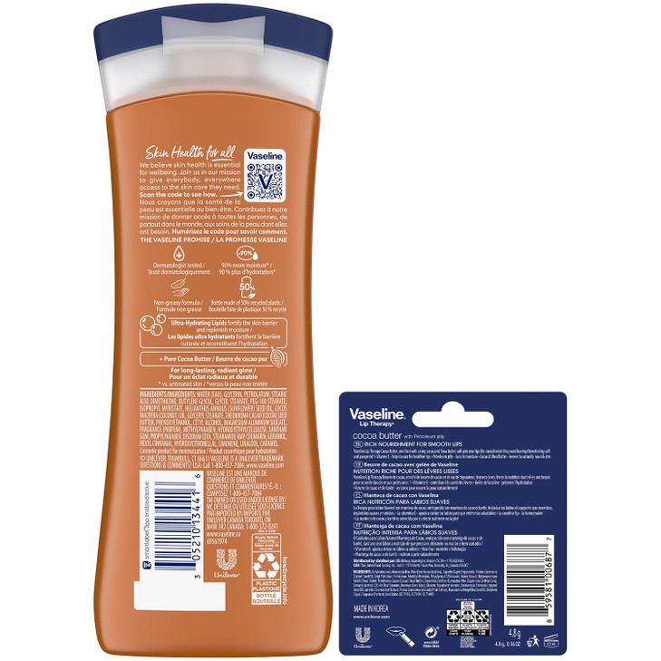 Vaseline Intensive Care Cocoa Radiant Hand Body Moisturizer Lip Therapy with Cocoa Butter for Healing Dry Skin Lips
