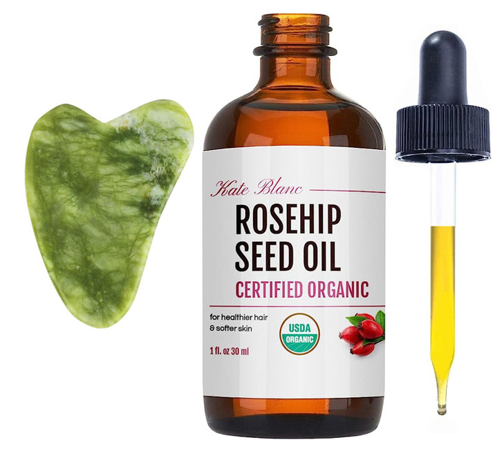 Kate Blanc Cosmetics Rosehip Oil for Face with Jade Gua Sha Stone 1oz Organic Pure Cold Pressed Rosehip Seed Face Oil fo