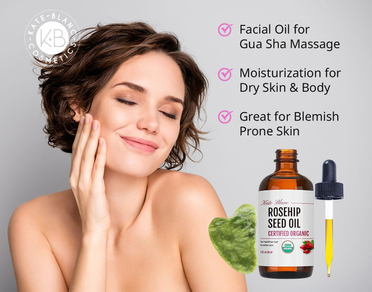Kate Blanc Cosmetics Rosehip Oil for Face with Jade Gua Sha Stone 1oz Organic Pure Cold Pressed Rosehip Seed Face Oil fo