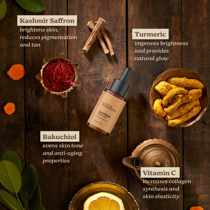 Life Pursuits Saffron Face Oil 1 Fl Oz with Kashmir Saffron Bakuchi Vitamin C for Face Brightening Moisturizing Dark Spo