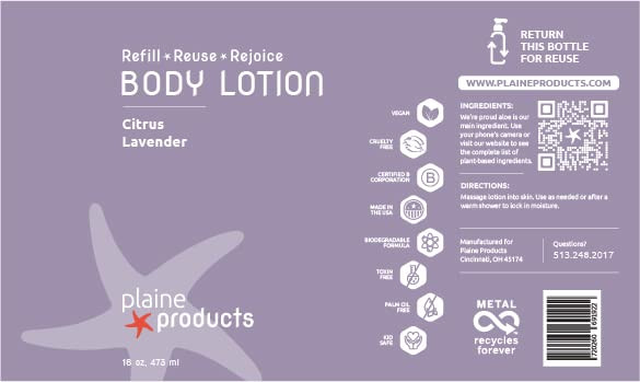 Plaine Products EcoFriendly Body Lotion Citrus Lavender 16 oz Refill Bottle No Pump