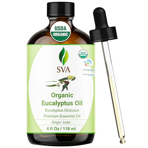 SVA Eucalyptus Essential Oil Organic 4 Fl Oz 100 Natural Organic Eucalyptus Oil for Diffuser Hair Face Skin Care Aromath