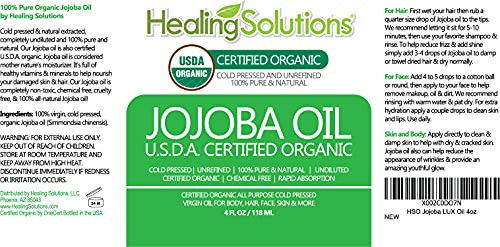 Healing Solutions Oils Organic Jojoba Oil 4 oz Pure Cold Pressed 100 Natural Serum for Hair Skin Face Body Scalp Cuticle